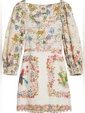 FARM Rio Ivory Delicate Forest Scarves Floral Parrot Lace-Panel Mini Dress- L